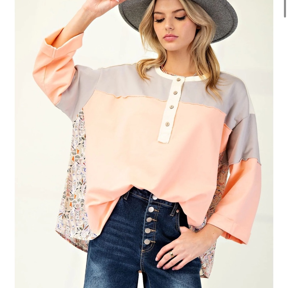 Easel Print Mix Color Block Terry Knit Henley Top